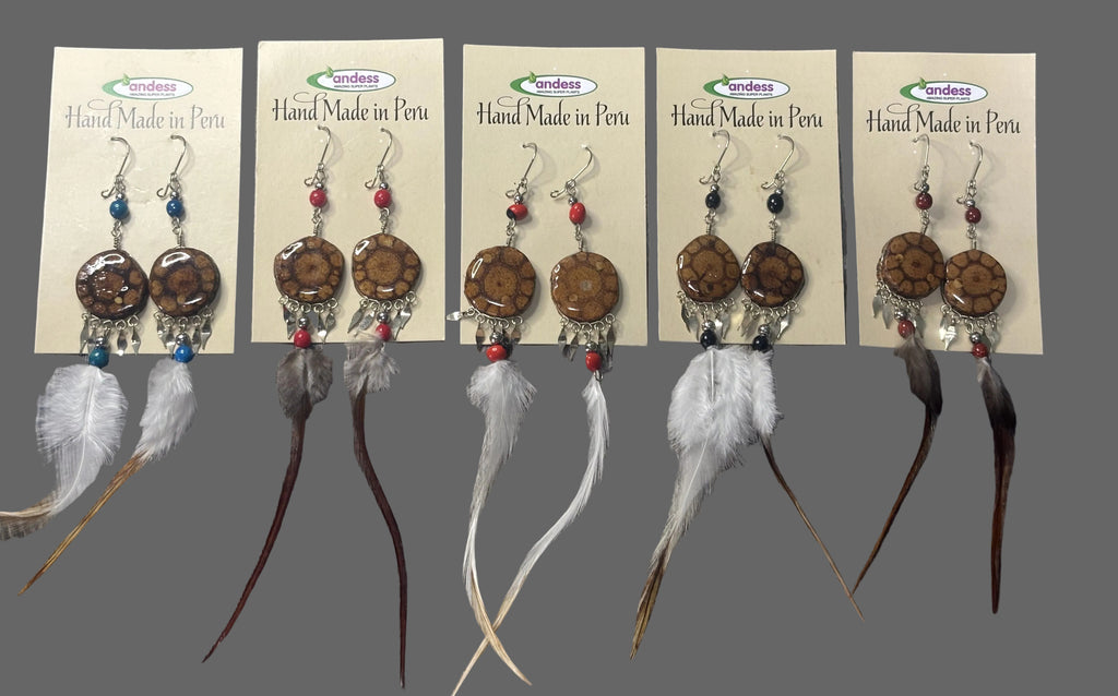 Shipibo Ayahuasca Vine and Sacred and Amazonian Feather Earrings