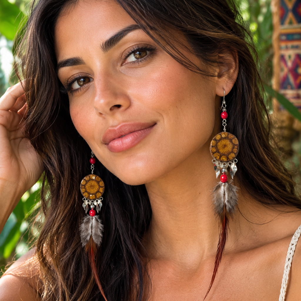 Shipibo Ayahuasca Vine and Sacred and Amazonian Feather Earrings