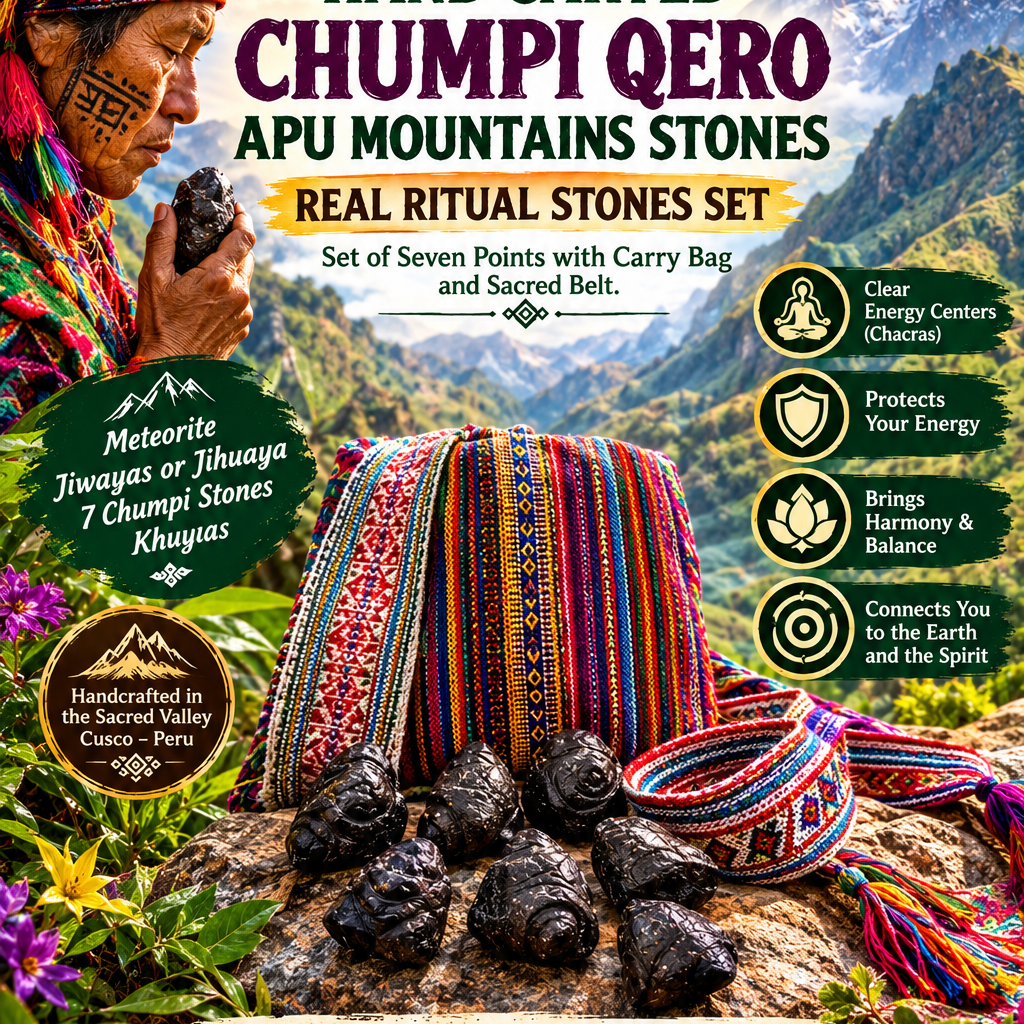Chumpi Meteorite Set-Andean shamanic tool with 7 energy points Bag-Belt