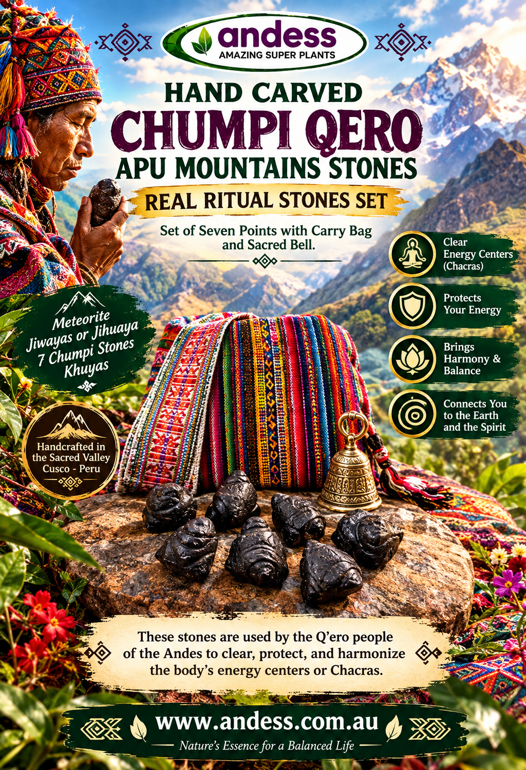 Chumpi Meteorite Set-Andean shamanic tool with 7 energy points Bag-Belt