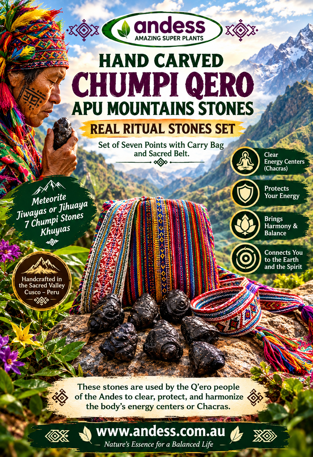 Chumpi Meteorite Set-Andean shamanic tool with 7 energy points Bag-Belt