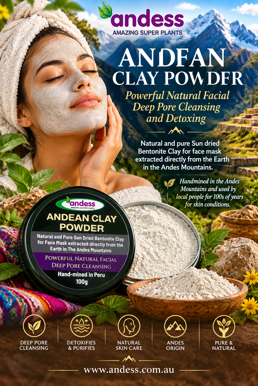 Andean Sun-Dried Natural Face Mask Clay Powder 100g