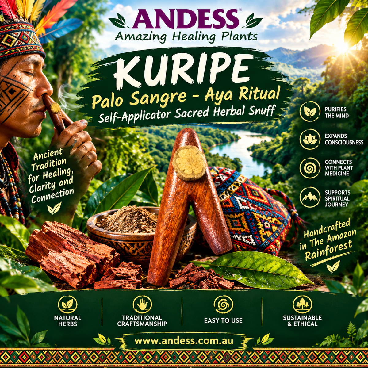 KURIPE Pipe Palo Sangre Aya Ritual Self-Applicator Herbal Snuff
