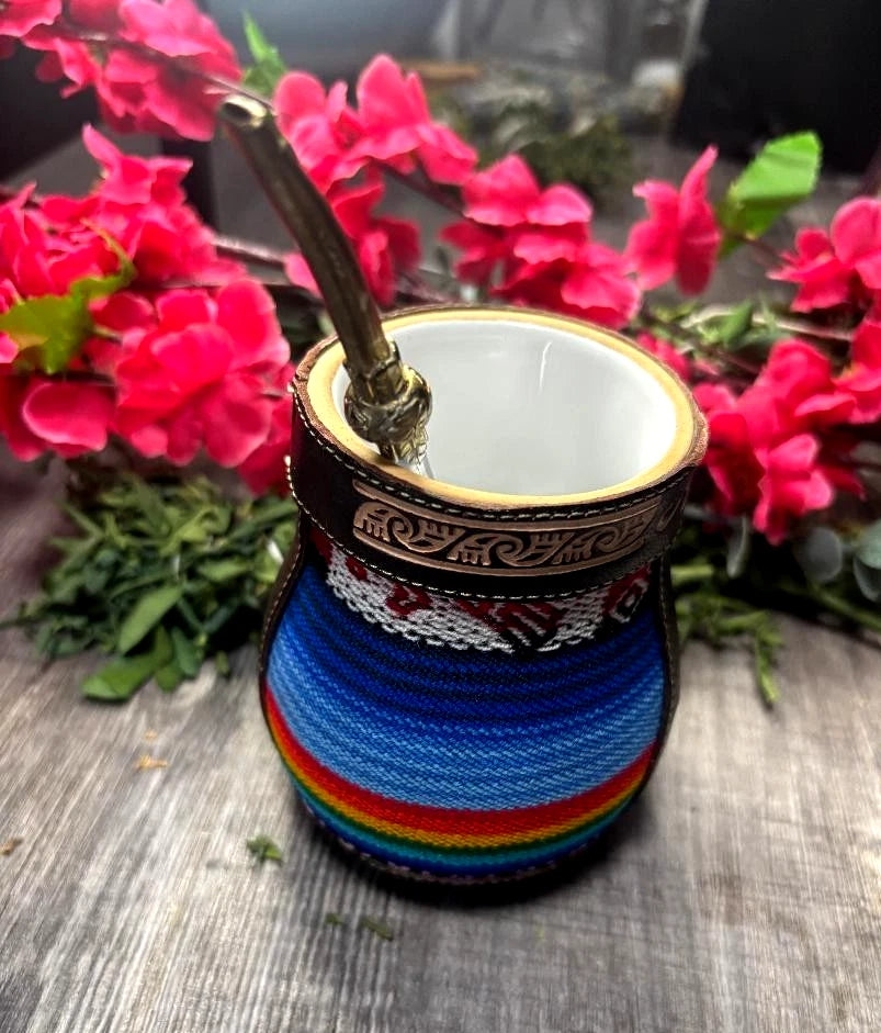 Yerba Mate Cup and Straw Set (Mate + bombilla) with Andean textile
