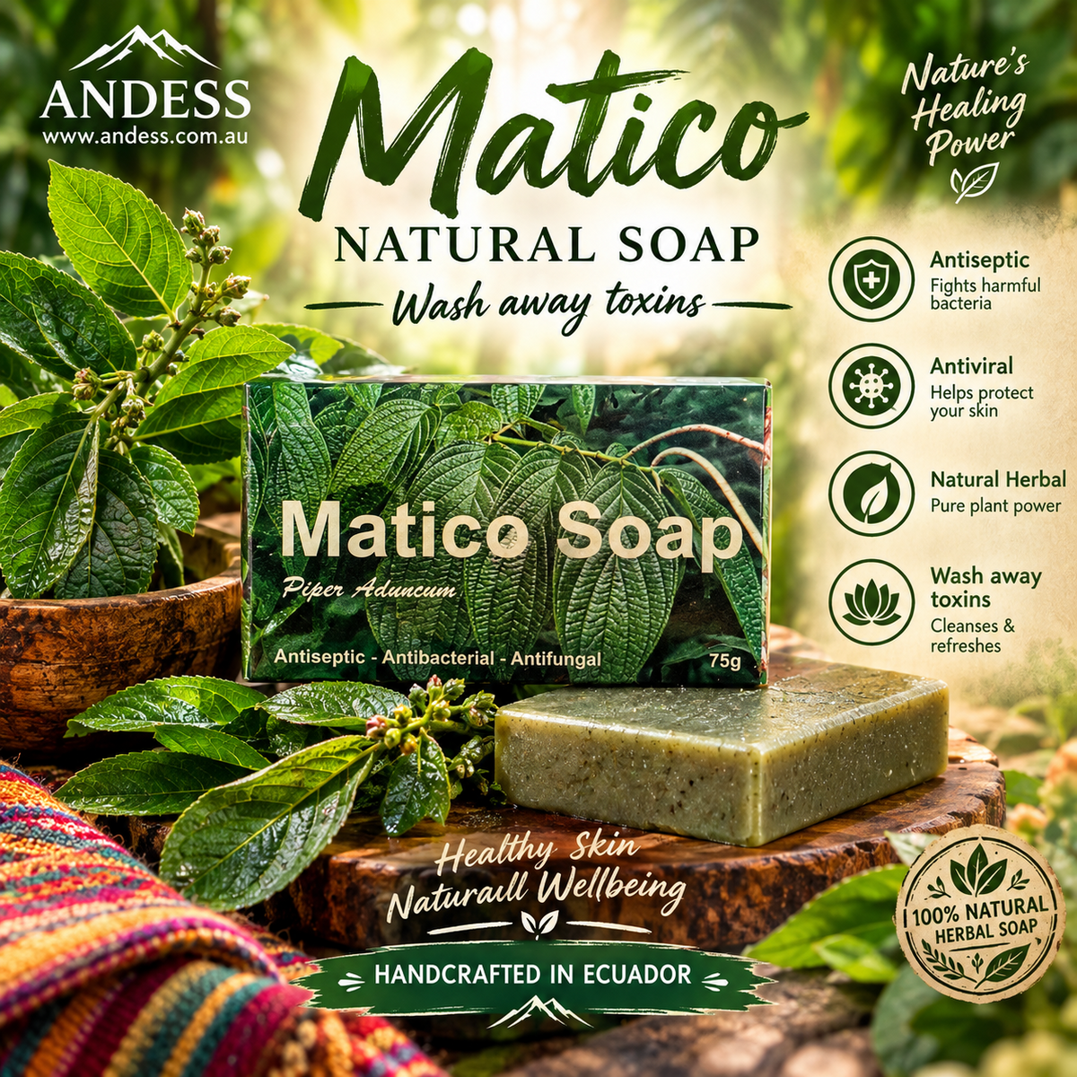Matico Natural Herbal Soap Antibacterial Antiviral Antiseptic Set of 2 Bars