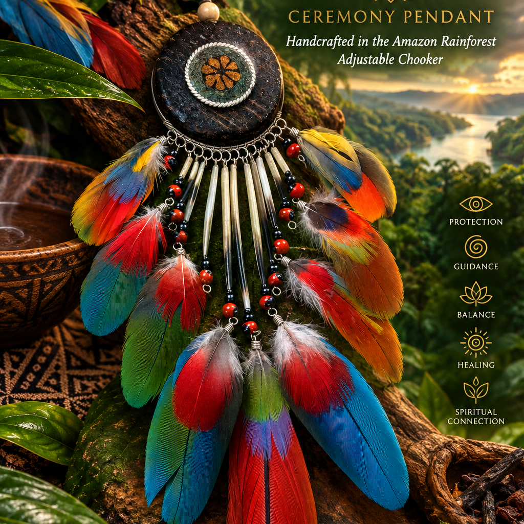 Ceremony Adjustable Pendant Plant Medicine Aya with Macaw Feathers