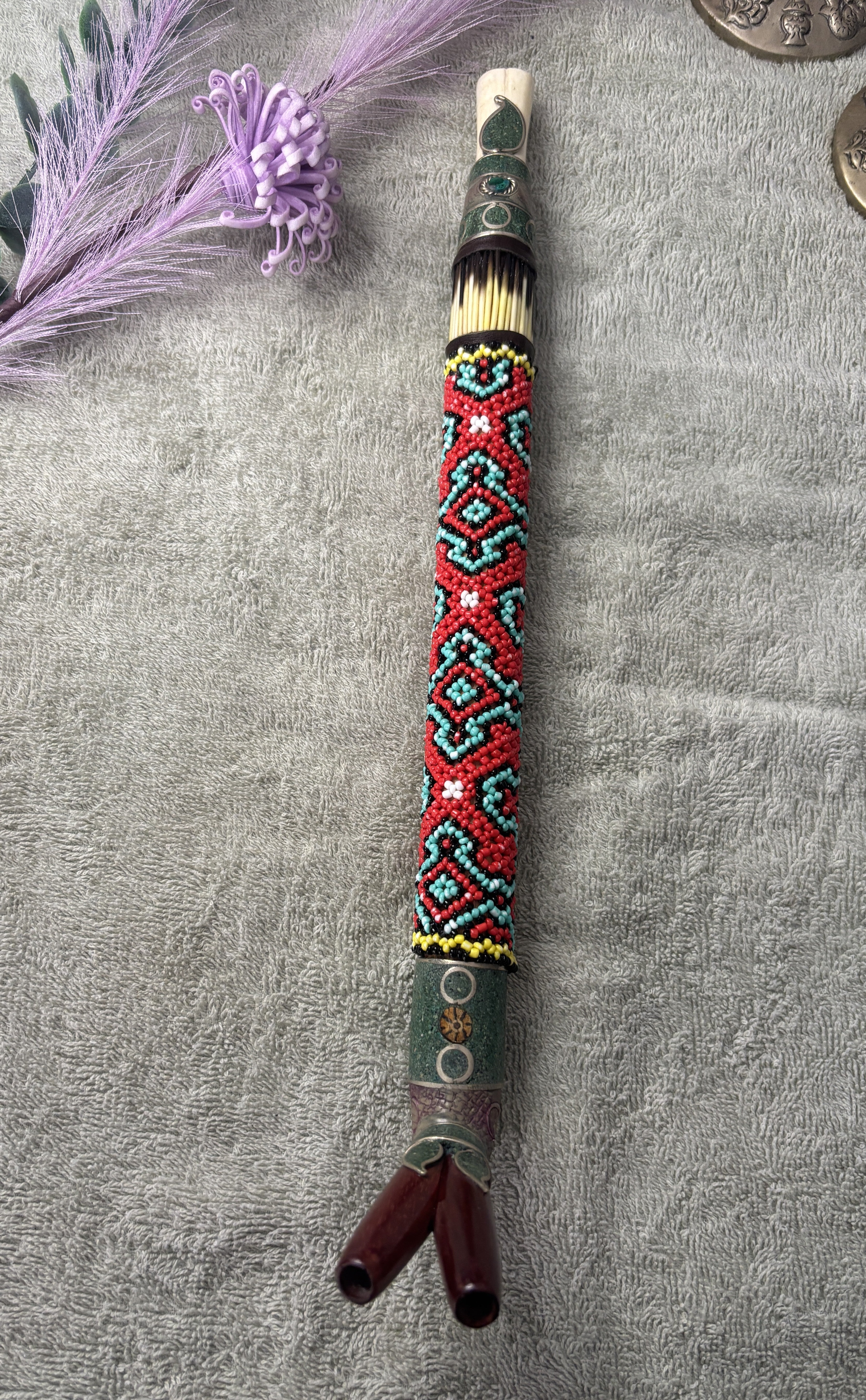 Shipibo Ceremonial Handcrafted Palo Sangre Double Applicator Bone Tepi 37cm